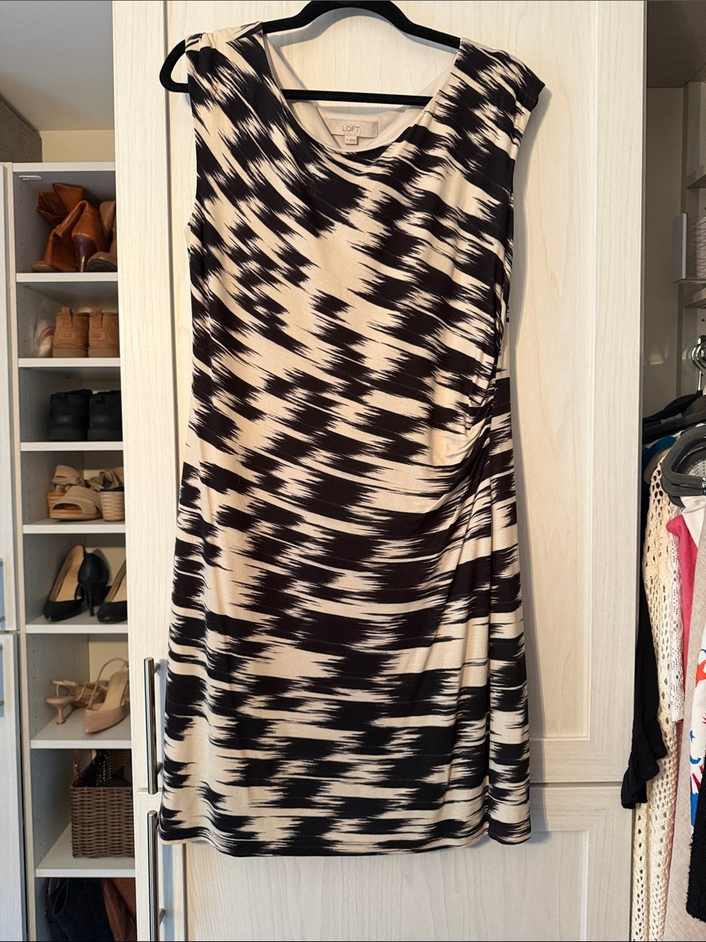 LOFT Black and Cream Printed Midi Sheath Dress